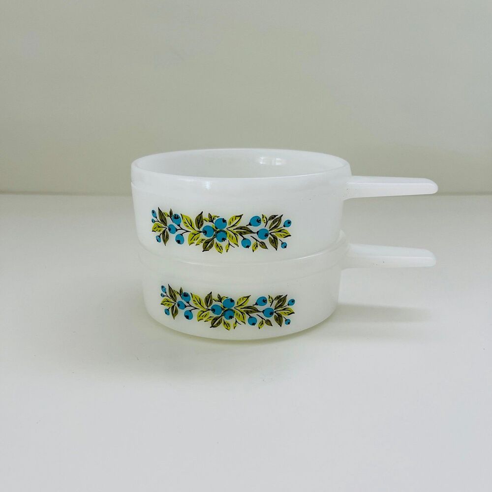 JEANNETTE GLASS CO. GLASBAKE Blueberry Ovenware Handled Soup Bowls, Set of 2